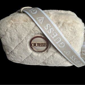 Guess light Pink and Cream crossbody Bag with Plush Texture and Wide Strap